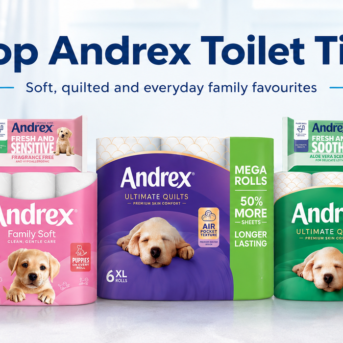 Andrex toilet tissue range including Family Soft, Ultimate Quilts, Complete Clean and Fresh variants