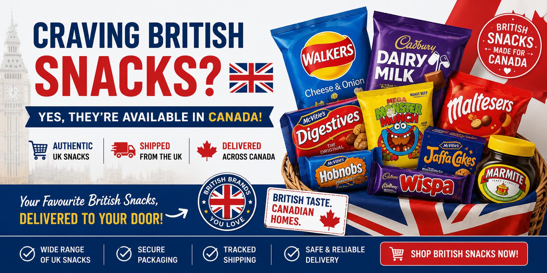 British snacks available in Canada banner featuring popular UK treats including Walkers Crisps, Cadbury Dairy Milk, Monster Munch, Digestives, Hobnobs, Jaffa Cakes, Maltesers, Wispa, and Marmite with British and Canadian themed design.