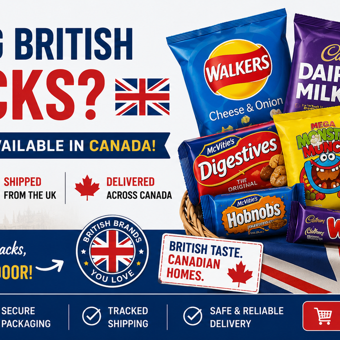 British snacks available in Canada banner featuring popular UK treats including Walkers Crisps, Cadbury Dairy Milk, Monster Munch, Digestives, Hobnobs, Jaffa Cakes, Maltesers, Wispa, and Marmite with British and Canadian themed design.
