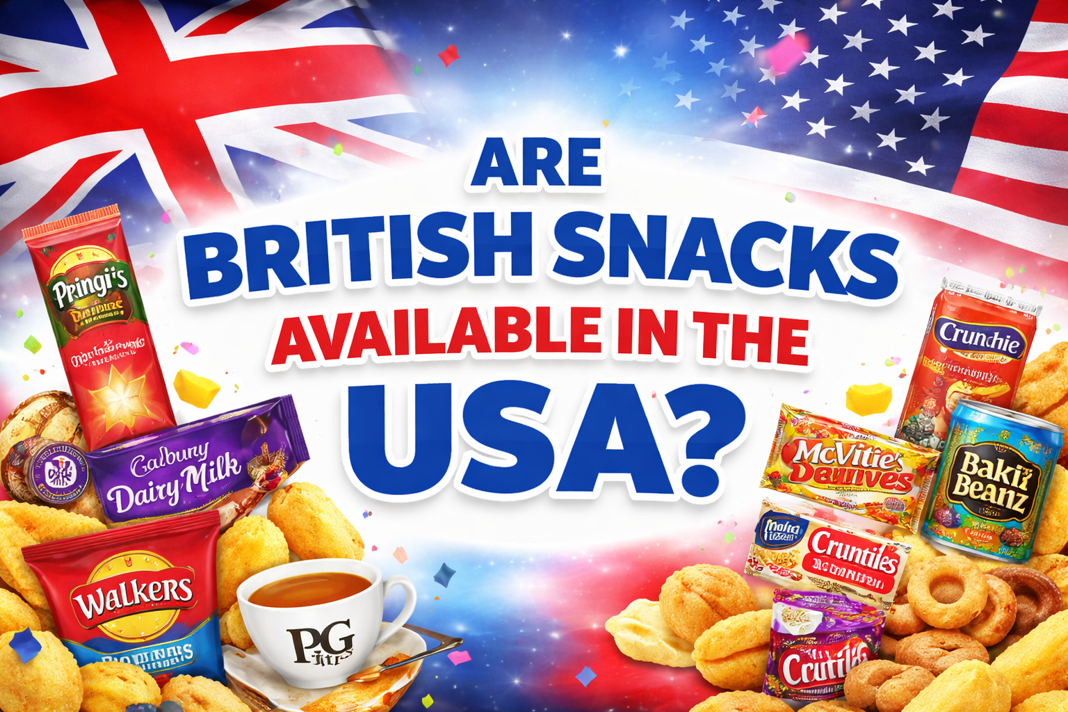 Are British snacks available in the USA banner showing UK and US flags with popular British snacks and bold title in the centre