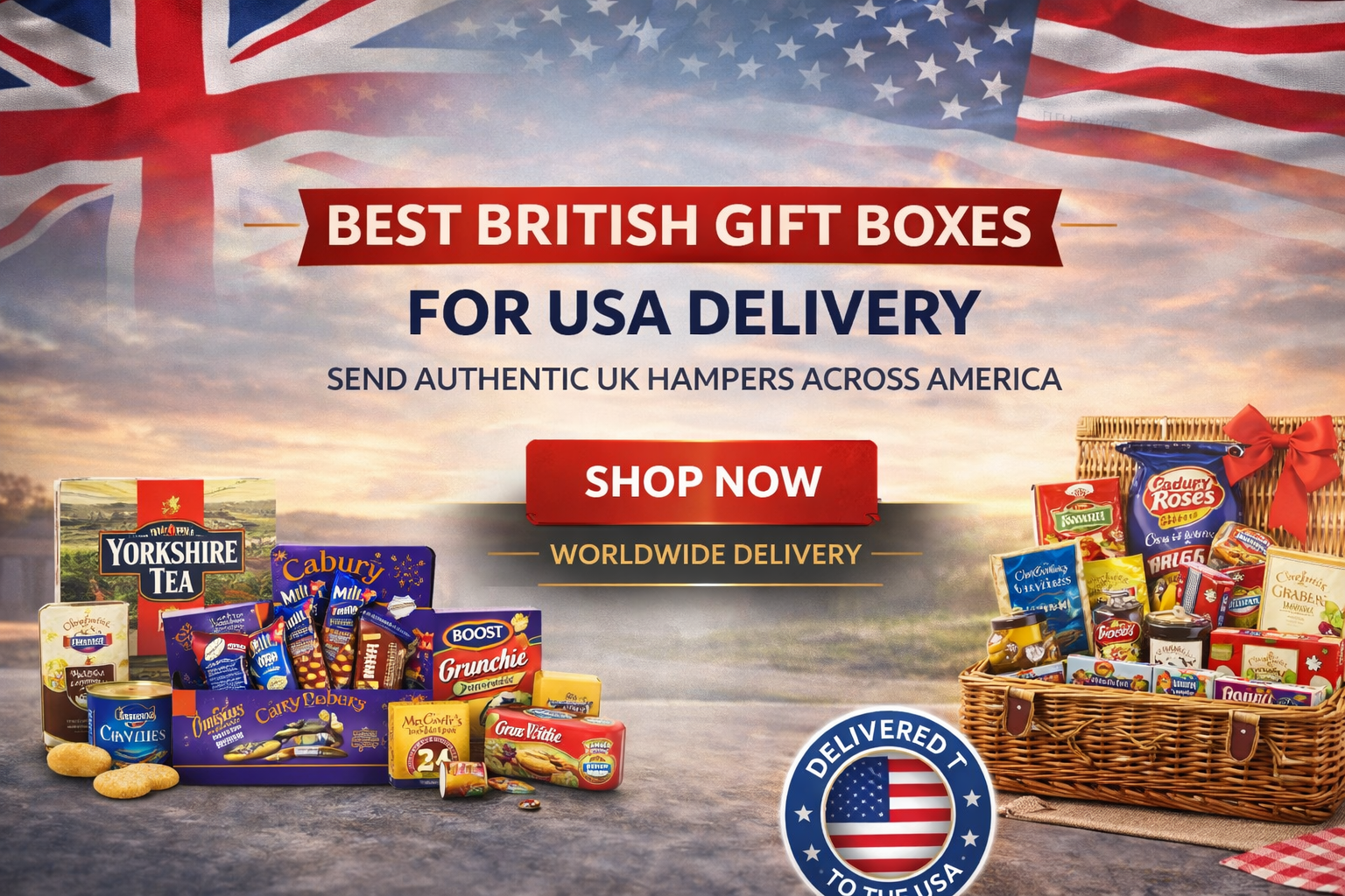 Best British gift boxes for USA delivery banner featuring UK hampers with chocolate, tea and biscuits shipped to America