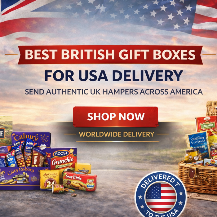 Best British gift boxes for USA delivery banner featuring UK hampers with chocolate, tea and biscuits shipped to America