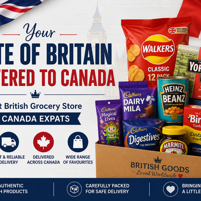 Best British Grocery Store for Canada Expats banner showing UK snacks, tea, and pantry items with “Taste of Britain Delivered to Canada” text and fast delivery highlights.