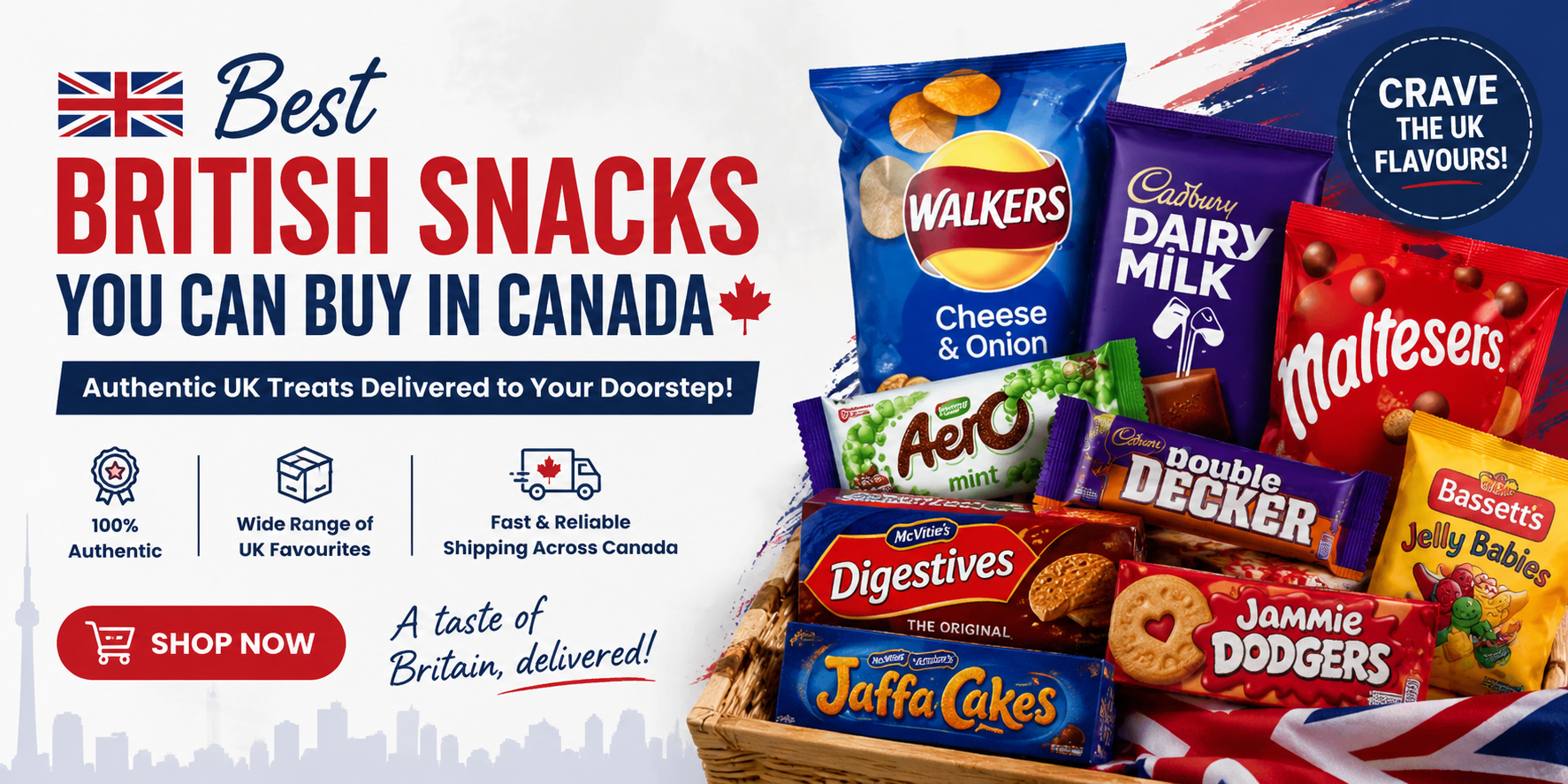 Best British snacks available in Canada banner featuring UK chocolates, crisps, biscuits, and sweets with fast delivery message