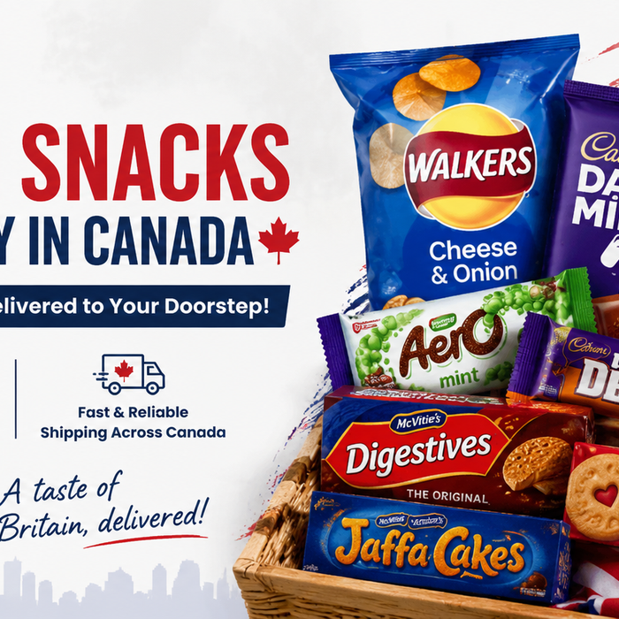 Best British snacks available in Canada banner featuring UK chocolates, crisps, biscuits, and sweets with fast delivery message