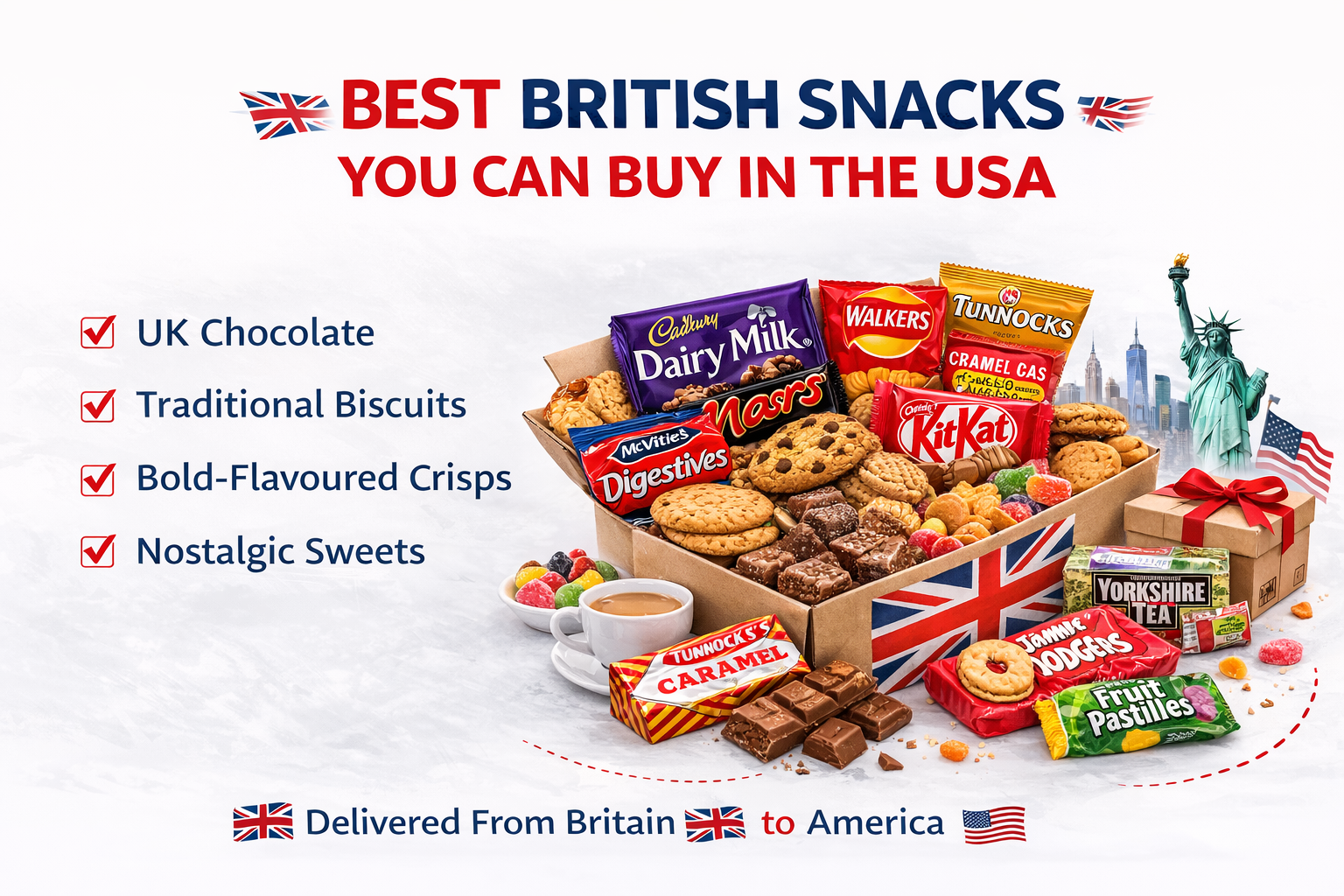 Best British Snacks You Can Buy in the USA banner with white background featuring a UK snack box filled with chocolate, biscuits and sweets.