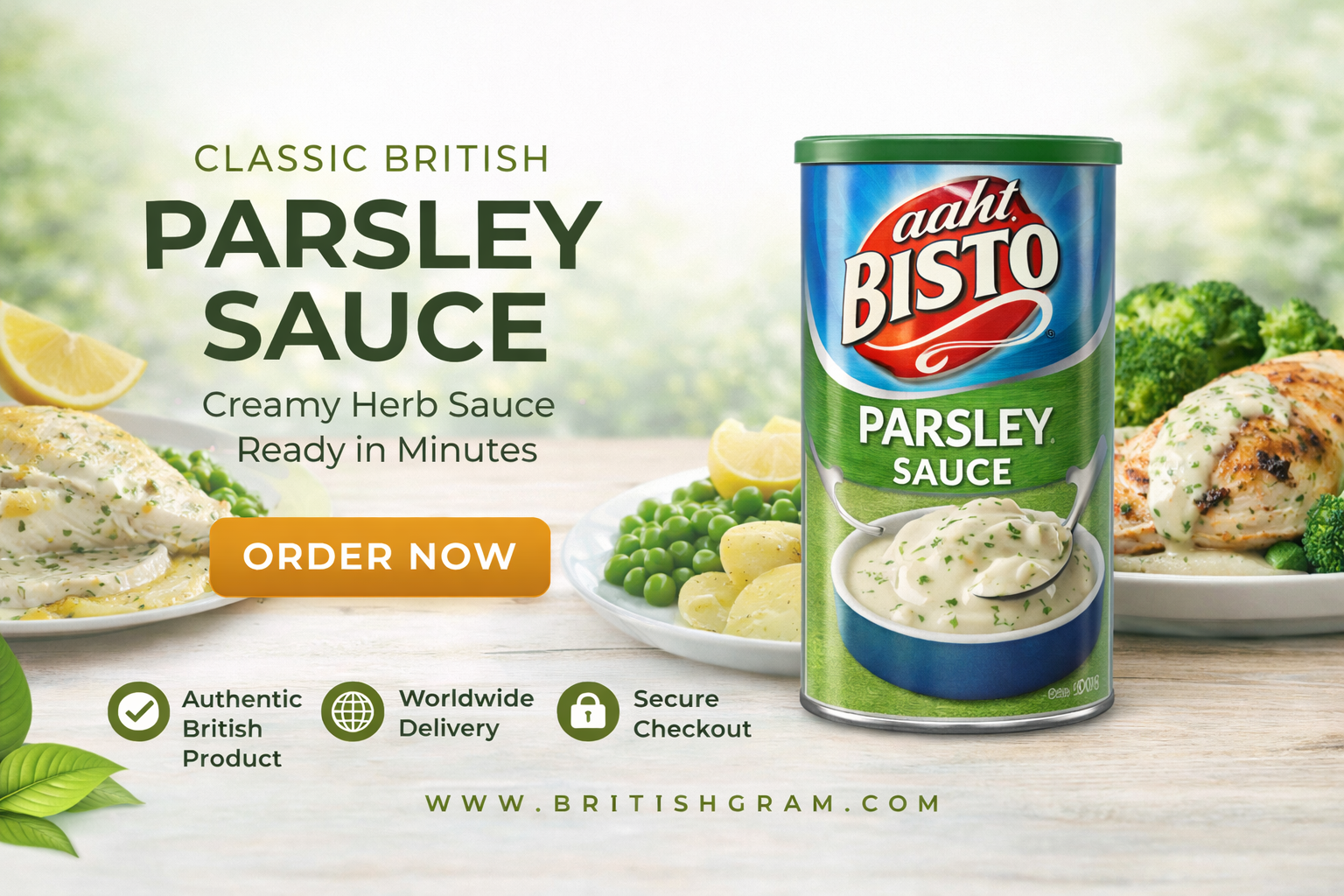 Bisto Parsley Sauce banner showing classic British creamy herb sauce served with fish, potatoes, and vegetables, with product packaging and order now call to action