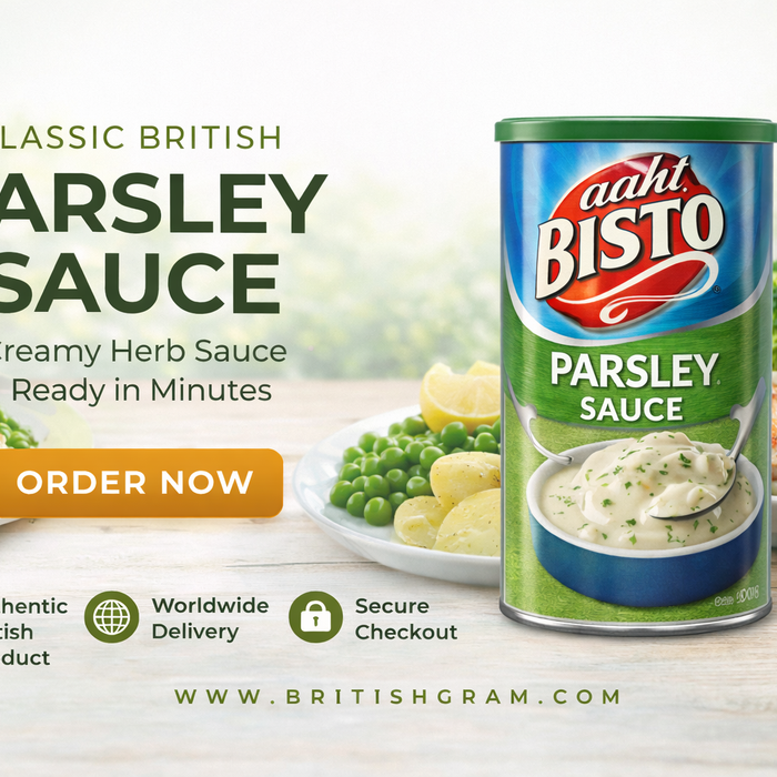 Bisto Parsley Sauce banner showing classic British creamy herb sauce served with fish, potatoes, and vegetables, with product packaging and order now call to action