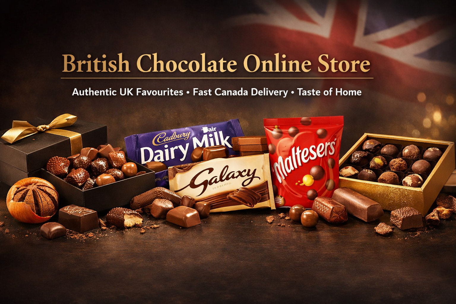 Luxury banner featuring British chocolates including Cadbury Dairy Milk, Galaxy, and Maltesers with elegant gold typography and centered text promoting UK chocolate delivery to Canada.