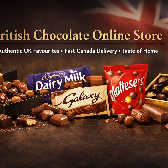 Luxury banner featuring British chocolates including Cadbury Dairy Milk, Galaxy, and Maltesers with elegant gold typography and centered text promoting UK chocolate delivery to Canada.