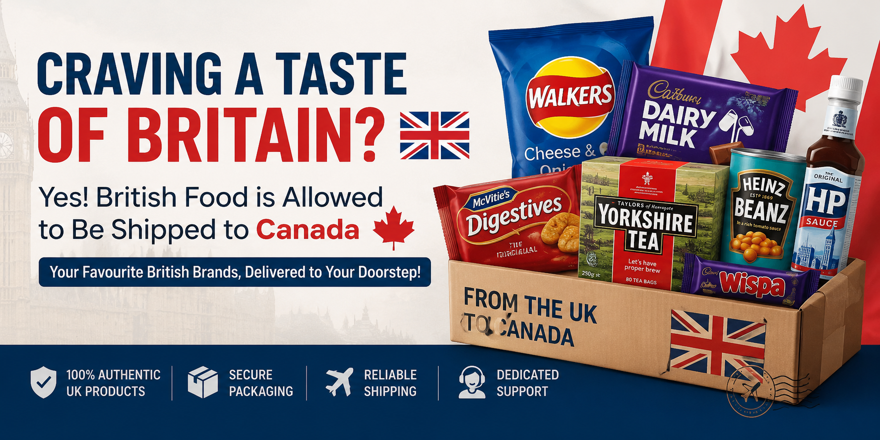 British food delivery to Canada banner featuring popular UK groceries including Walkers Crisps, Cadbury Dairy Milk, Yorkshire Tea, Heinz Beanz, HP Sauce, and McVitie’s Digestives with British and Canadian flags in the background.