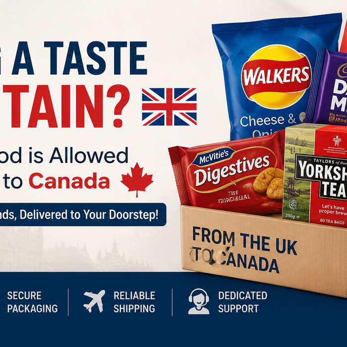 British food delivery to Canada banner featuring popular UK groceries including Walkers Crisps, Cadbury Dairy Milk, Yorkshire Tea, Heinz Beanz, HP Sauce, and McVitie’s Digestives with British and Canadian flags in the background.