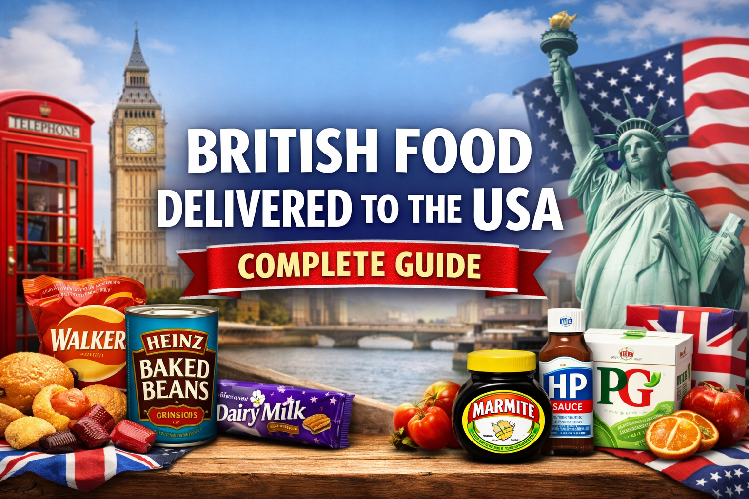 British food delivered to the USA complete guide banner featuring UK and US landmarks with popular British groceries like Cadbury, Heinz, Marmite and tea