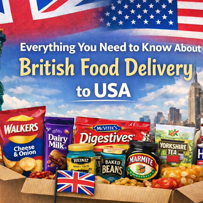 British food delivery to the USA featuring popular UK groceries like Cadbury chocolate, Walkers crisps, McVitie’s Digestives, Yorkshire Tea, Heinz baked beans and Marmite shipped from Britain