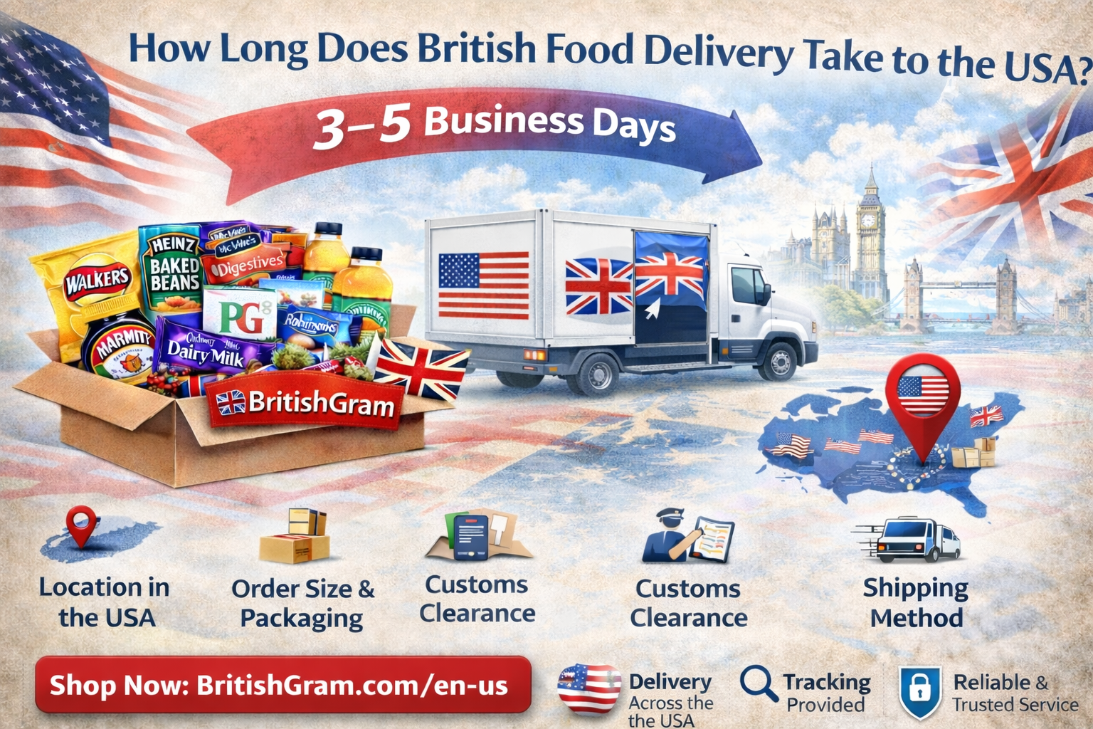 How long does British food delivery take to the USA? 3–5 business days