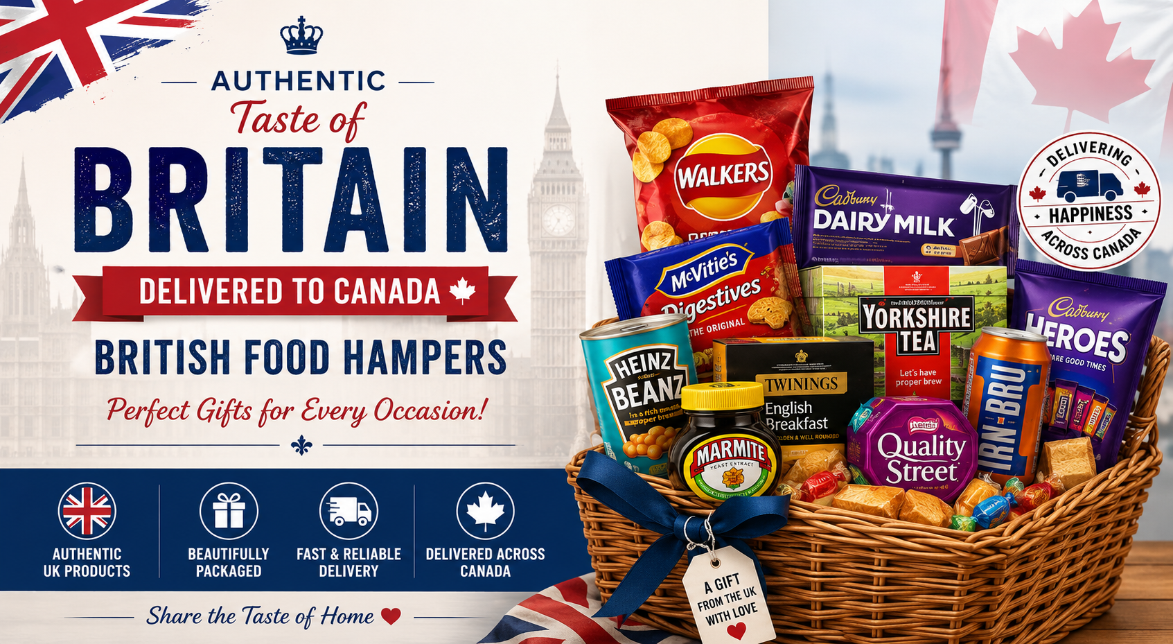 British food hampers delivered to Canada featuring authentic UK chocolates, biscuits, tea, crisps, sweets, and pantry favourites in a premium gift basket.