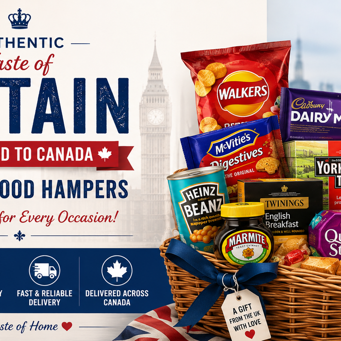 British food hampers delivered to Canada featuring authentic UK chocolates, biscuits, tea, crisps, sweets, and pantry favourites in a premium gift basket.