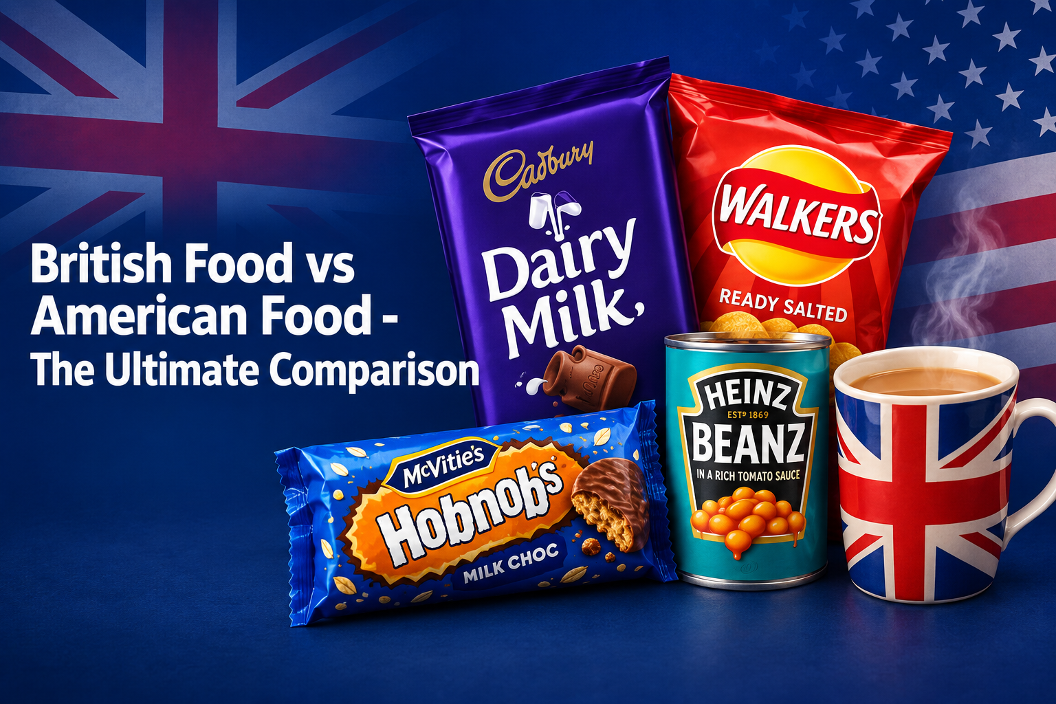 British Food vs American Food The Ultimate Comparison - Cadbury chocolate, Walkers crisps, Heinz Beanz and British tea versus American food, from BritishGram