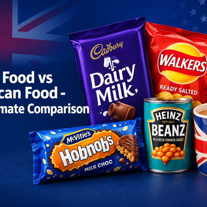 British Food vs American Food The Ultimate Comparison - Cadbury chocolate, Walkers crisps, Heinz Beanz and British tea versus American food, from BritishGram