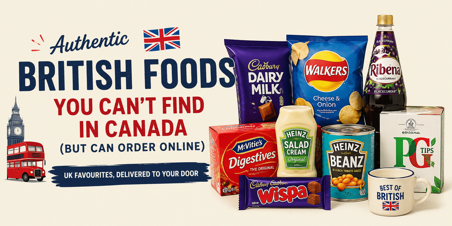 British foods you can’t find in Canada including Walkers crisps, Cadbury chocolate, Ribena, Heinz beans, and PG Tips tea available to order online.