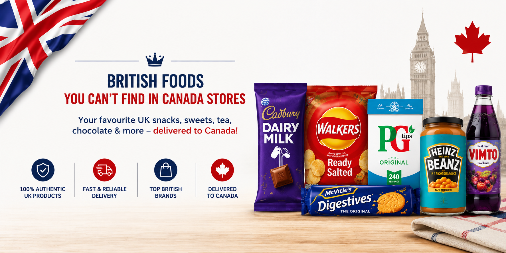 British foods you can’t find in Canada stores, including UK snacks, tea, chocolate, biscuits and cupboard favourites delivered to Canada.