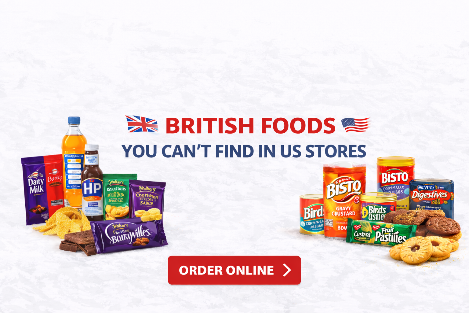 British Foods You Can’t Find in US Stores banner with white background and centred title featuring UK chocolate, biscuits, crisps and sauces.