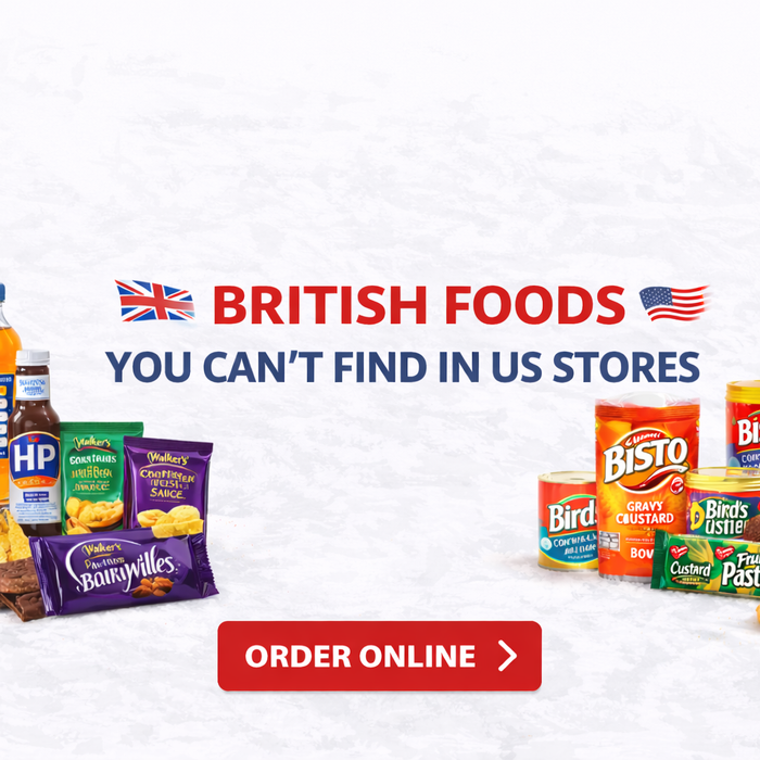 British Foods You Can’t Find in US Stores banner with white background and centred title featuring UK chocolate, biscuits, crisps and sauces.