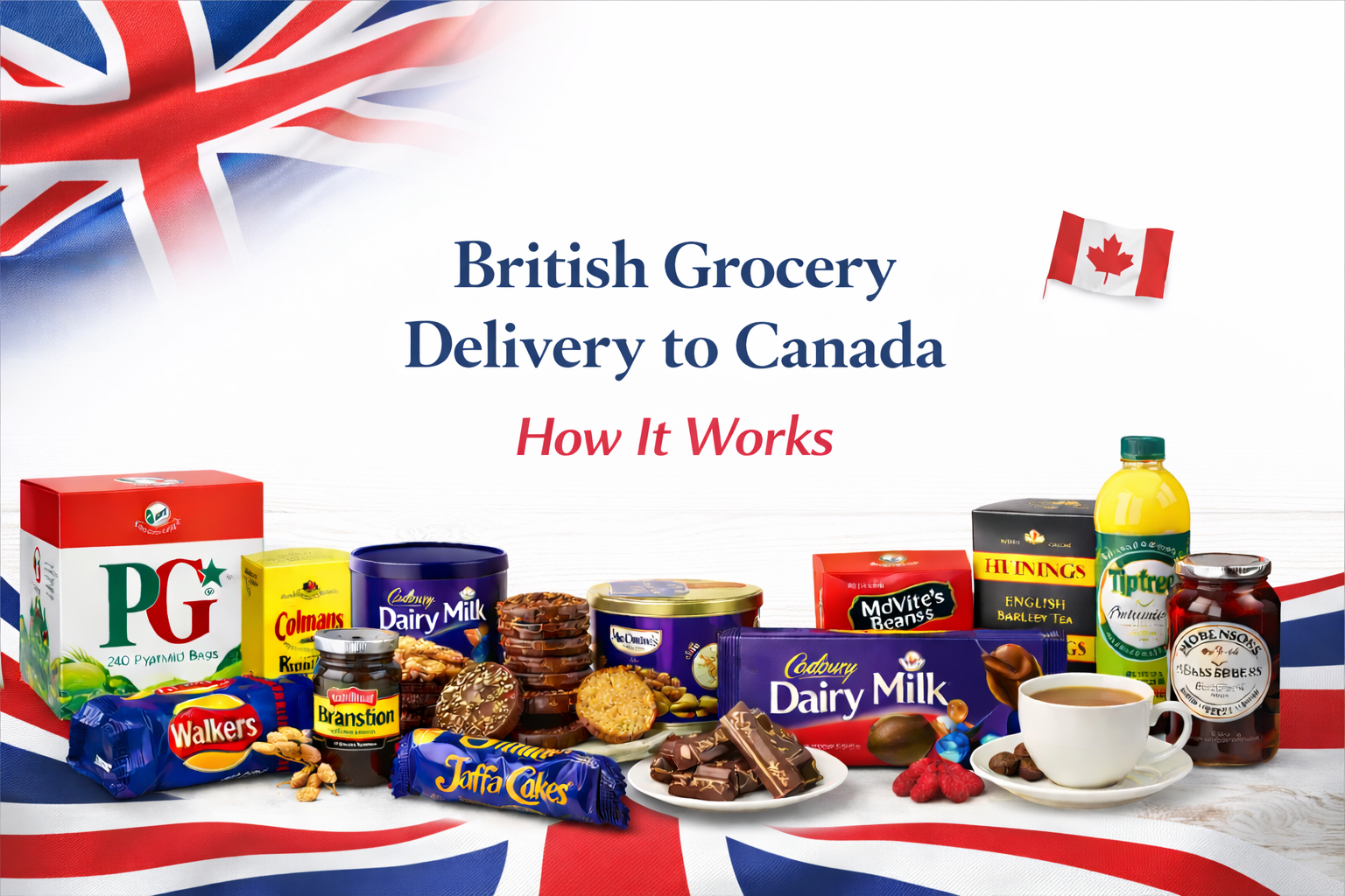British grocery delivery to Canada how it works banner with UK food including tea, biscuits, chocolate and delivery process message