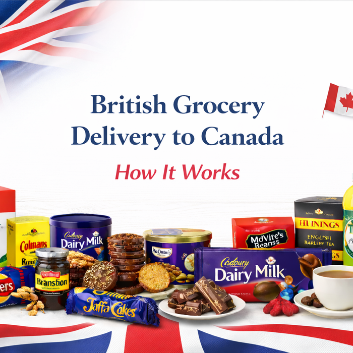 British grocery delivery to Canada how it works banner with UK food including tea, biscuits, chocolate and delivery process message