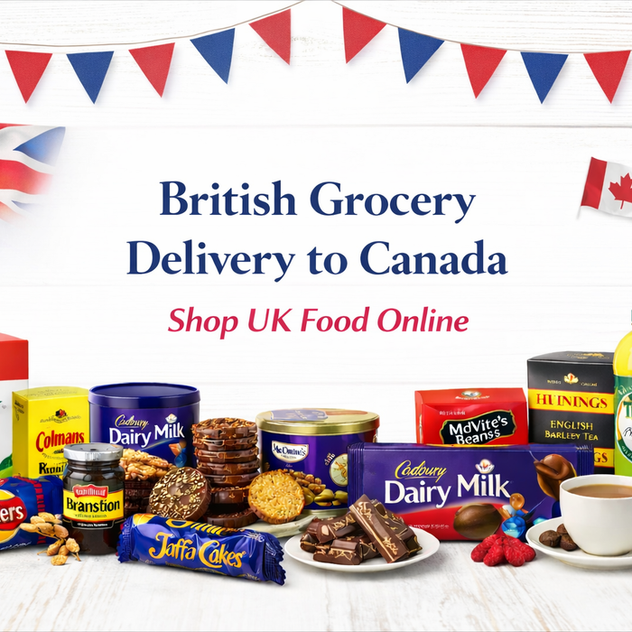 British grocery delivery to Canada banner with authentic UK food including tea, biscuits, chocolate and online shopping message
