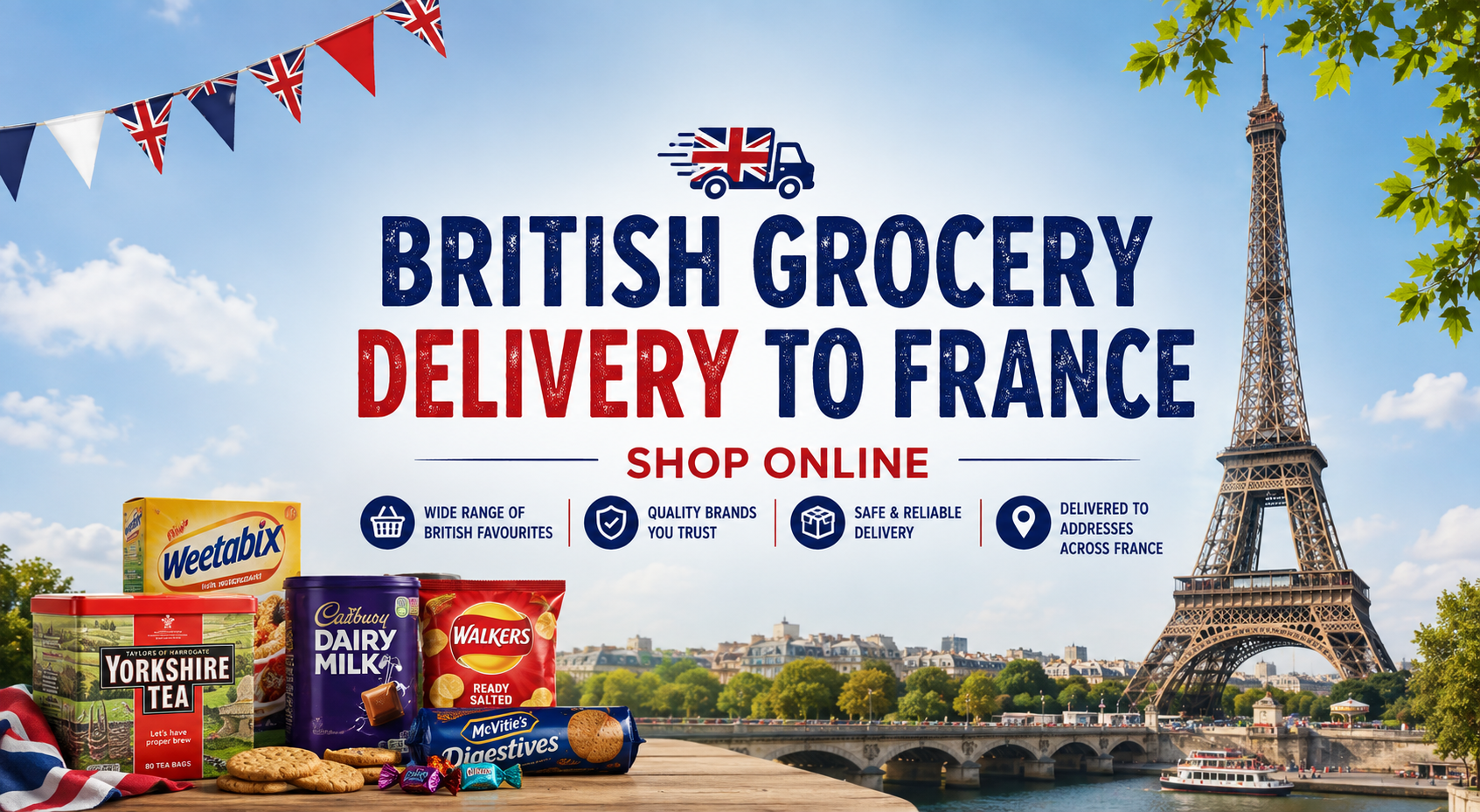 British grocery delivery to France with popular UK food brands and the Eiffel Tow