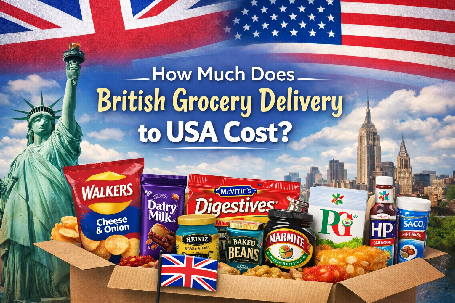 British grocery delivery to USA cost guide showing UK snacks shipped from the UK to America