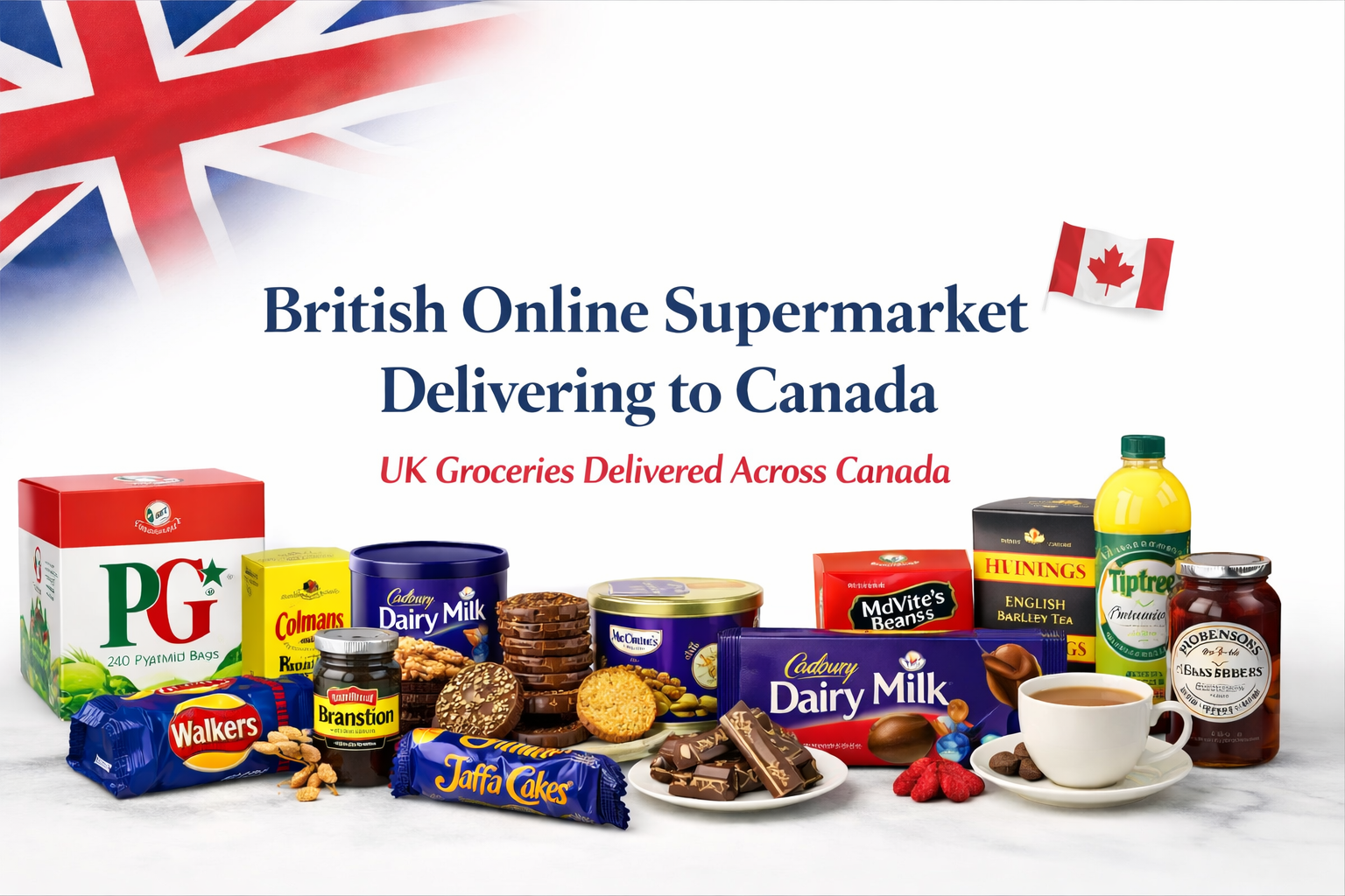 British online supermarket delivering to Canada banner with UK groceries including tea, biscuits, chocolate and pantry items