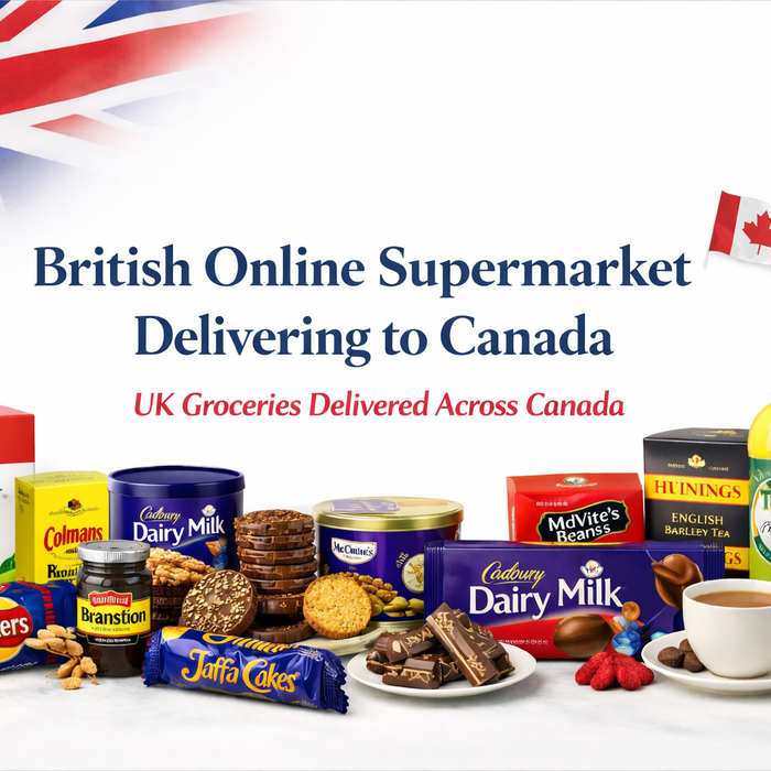 British online supermarket delivering to Canada banner with UK groceries including tea, biscuits, chocolate and pantry items