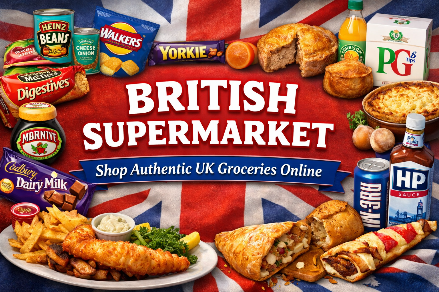 British supermarket banner showing popular UK groceries like baked beans, tea, biscuits, chocolate, and traditional foods with text “British Supermarket – Shop Authentic UK Groceries Online”