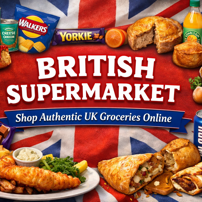 British supermarket banner showing popular UK groceries like baked beans, tea, biscuits, chocolate, and traditional foods with text “British Supermarket – Shop Authentic UK Groceries Online”