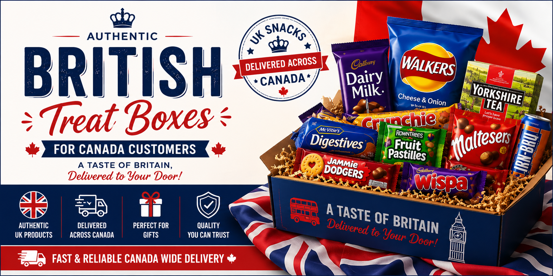 British Treat Boxes for Canada Customers banner featuring authentic UK snacks, chocolates, crisps, sweets, and British gift boxes delivered across Canada.