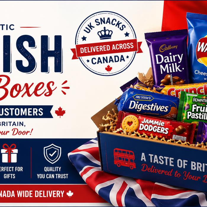 British Treat Boxes for Canada Customers banner featuring authentic UK snacks, chocolates, crisps, sweets, and British gift boxes delivered across Canada.