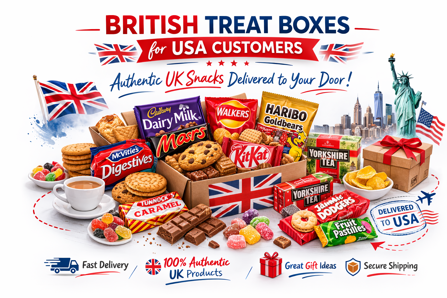 British Treat Boxes for USA Customers banner with white background featuring a UK snack gift box and bold centre title text.