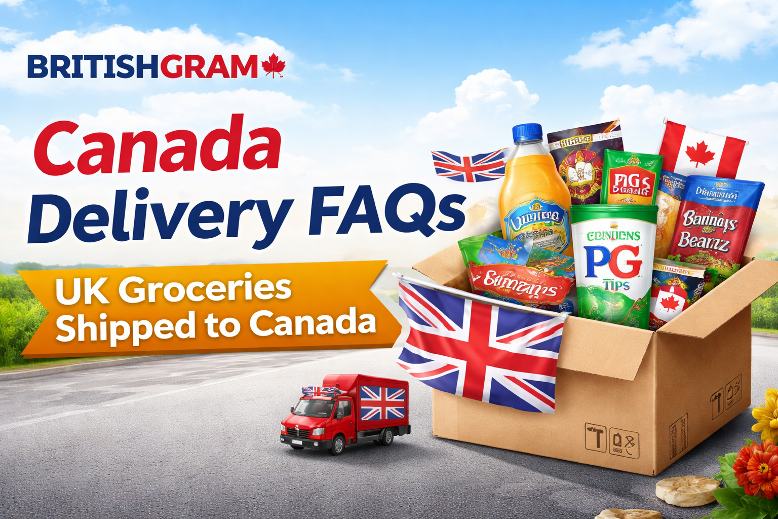BritishGram Canada Delivery FAQs banner showing UK groceries shipped to Canada with parcel box, British and Canadian flags, and popular British food items