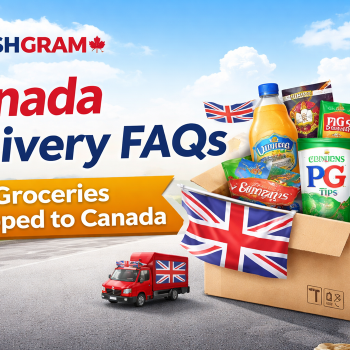 BritishGram Canada Delivery FAQs banner showing UK groceries shipped to Canada with parcel box, British and Canadian flags, and popular British food items
