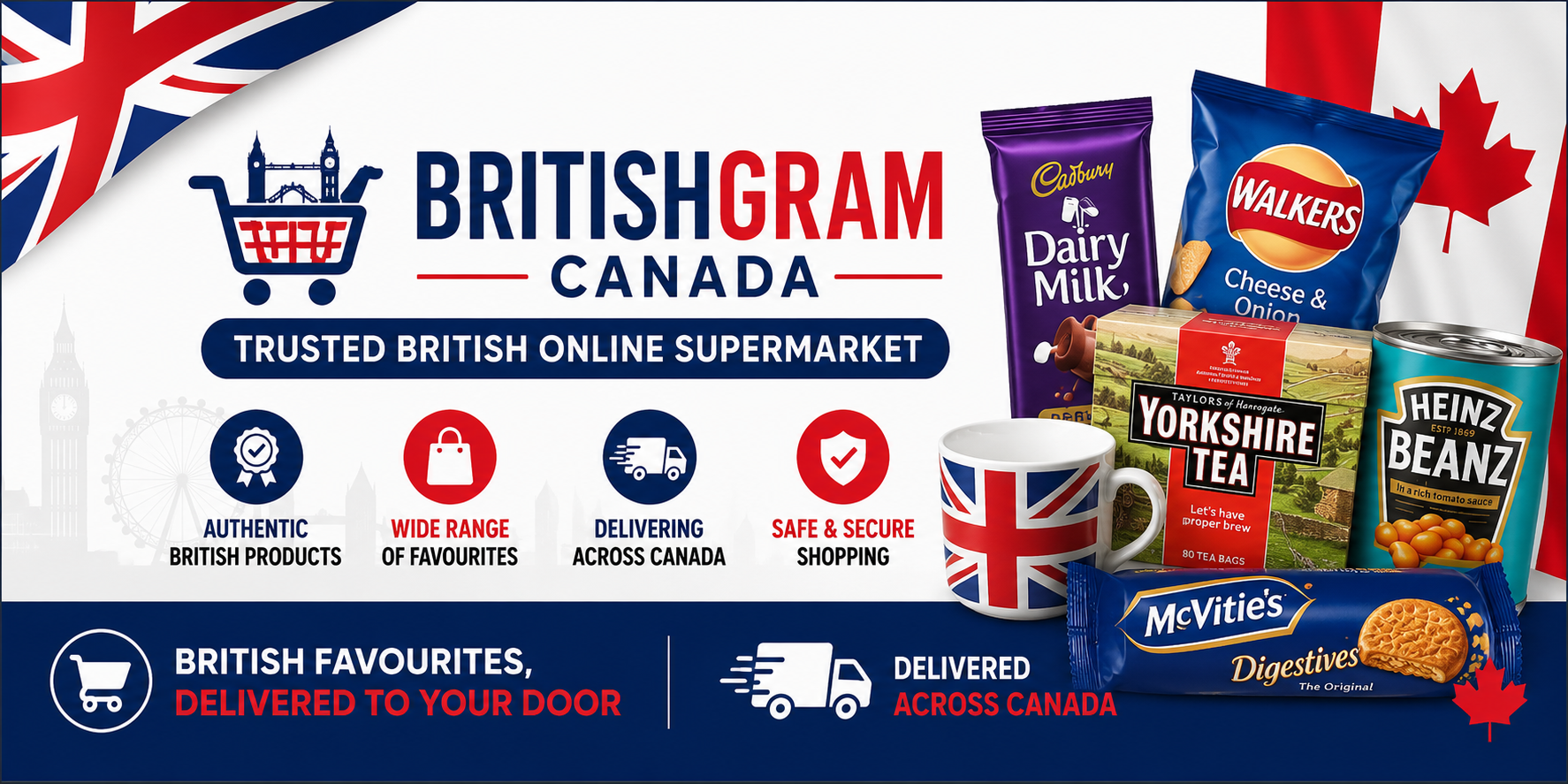 BritishGram Canada banner featuring authentic British groceries including Yorkshire Tea, Cadbury, Walkers Crisps, Heinz Beanz, and McVitie's Digestives with UK and Canadian flags promoting nationwide delivery across Canada.