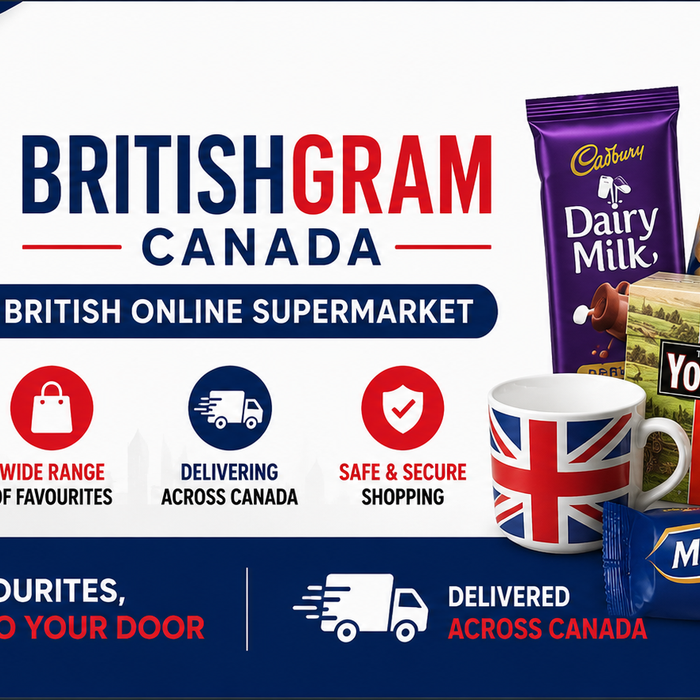 BritishGram Canada banner featuring authentic British groceries including Yorkshire Tea, Cadbury, Walkers Crisps, Heinz Beanz, and McVitie's Digestives with UK and Canadian flags promoting nationwide delivery across Canada.