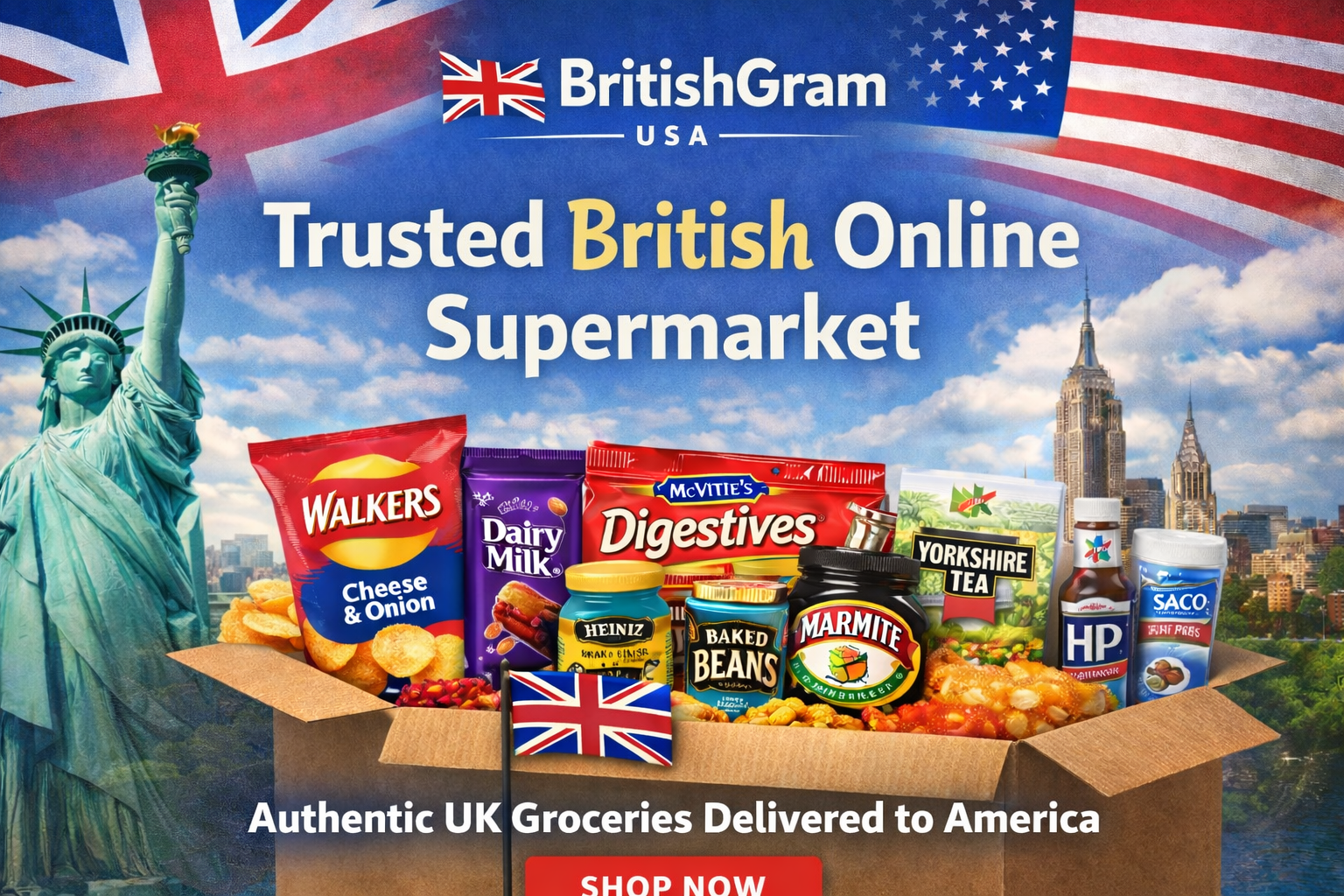 BritishGram USA trusted British online supermarket delivering authentic UK groceries including Cadbury chocolate, Walkers crisps, McVitie’s Digestives, Yorkshire Tea, Heinz baked beans and Marmite to America
