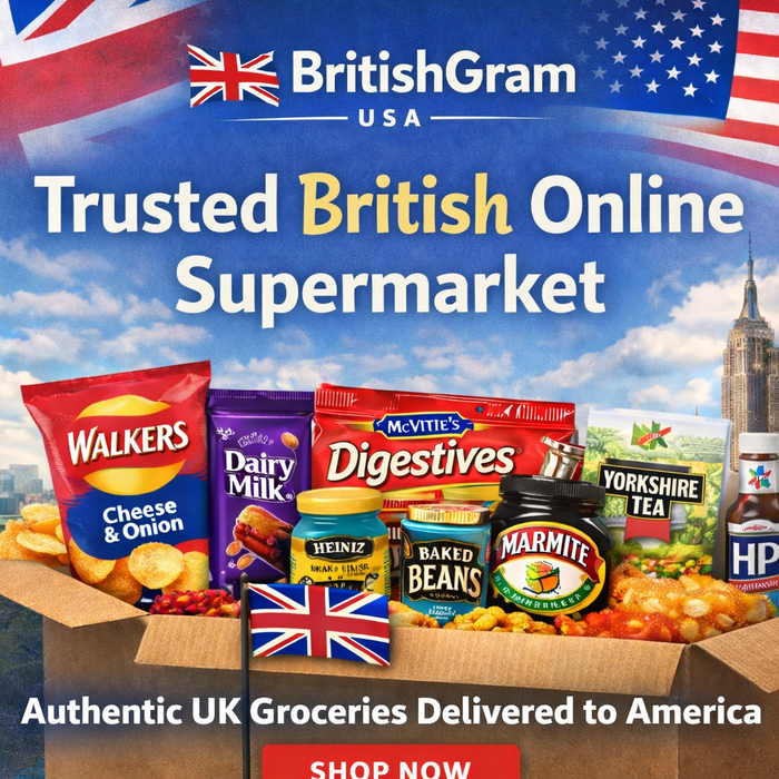 BritishGram USA trusted British online supermarket delivering authentic UK groceries including Cadbury chocolate, Walkers crisps, McVitie’s Digestives, Yorkshire Tea, Heinz baked beans and Marmite to America