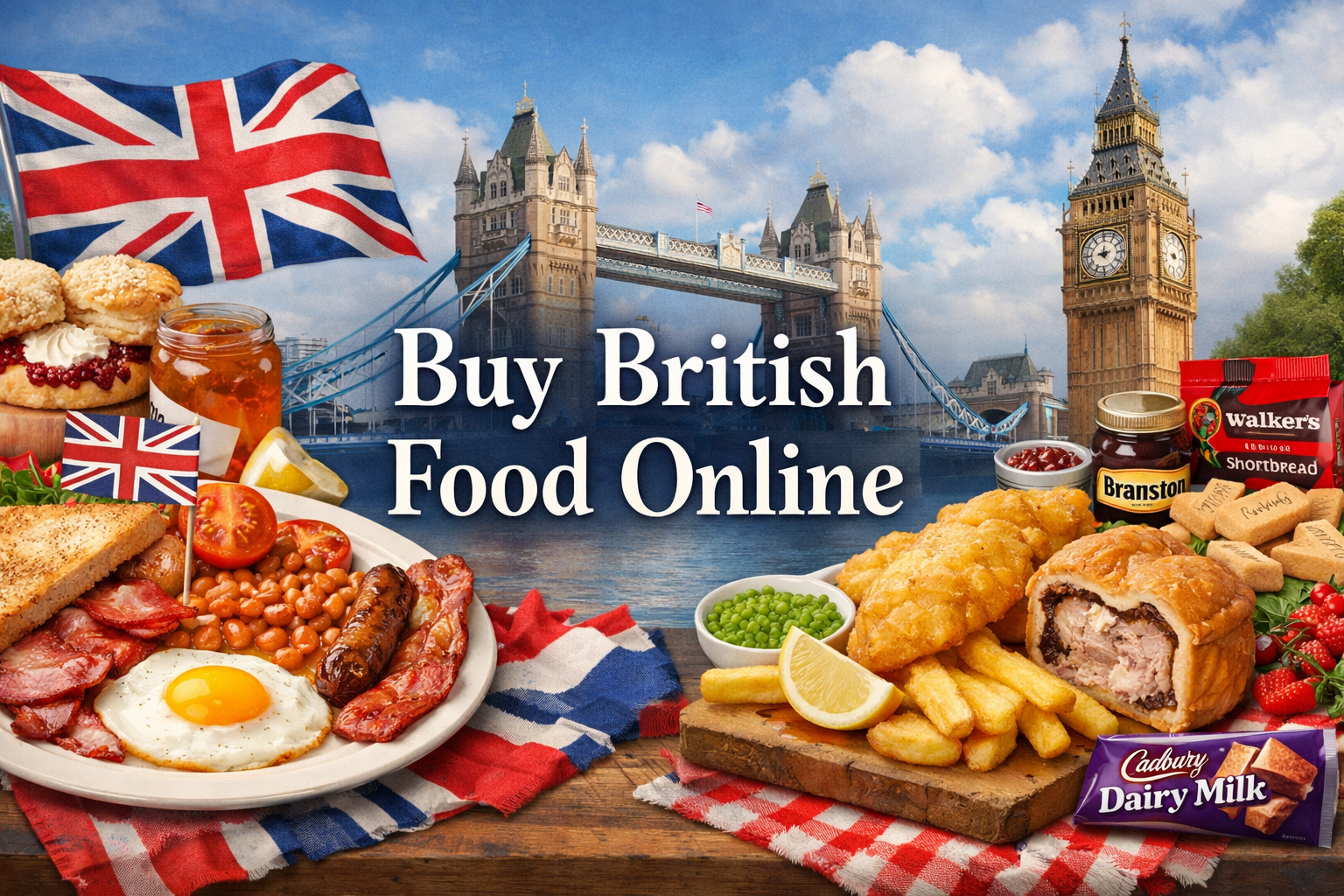Buy British Food Online banner featuring classic UK foods like full English breakfast, fish and chips, pork pie, biscuits, and British snacks with London landmarks in the background