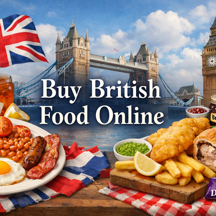Buy British Food Online banner featuring classic UK foods like full English breakfast, fish and chips, pork pie, biscuits, and British snacks with London landmarks in the background