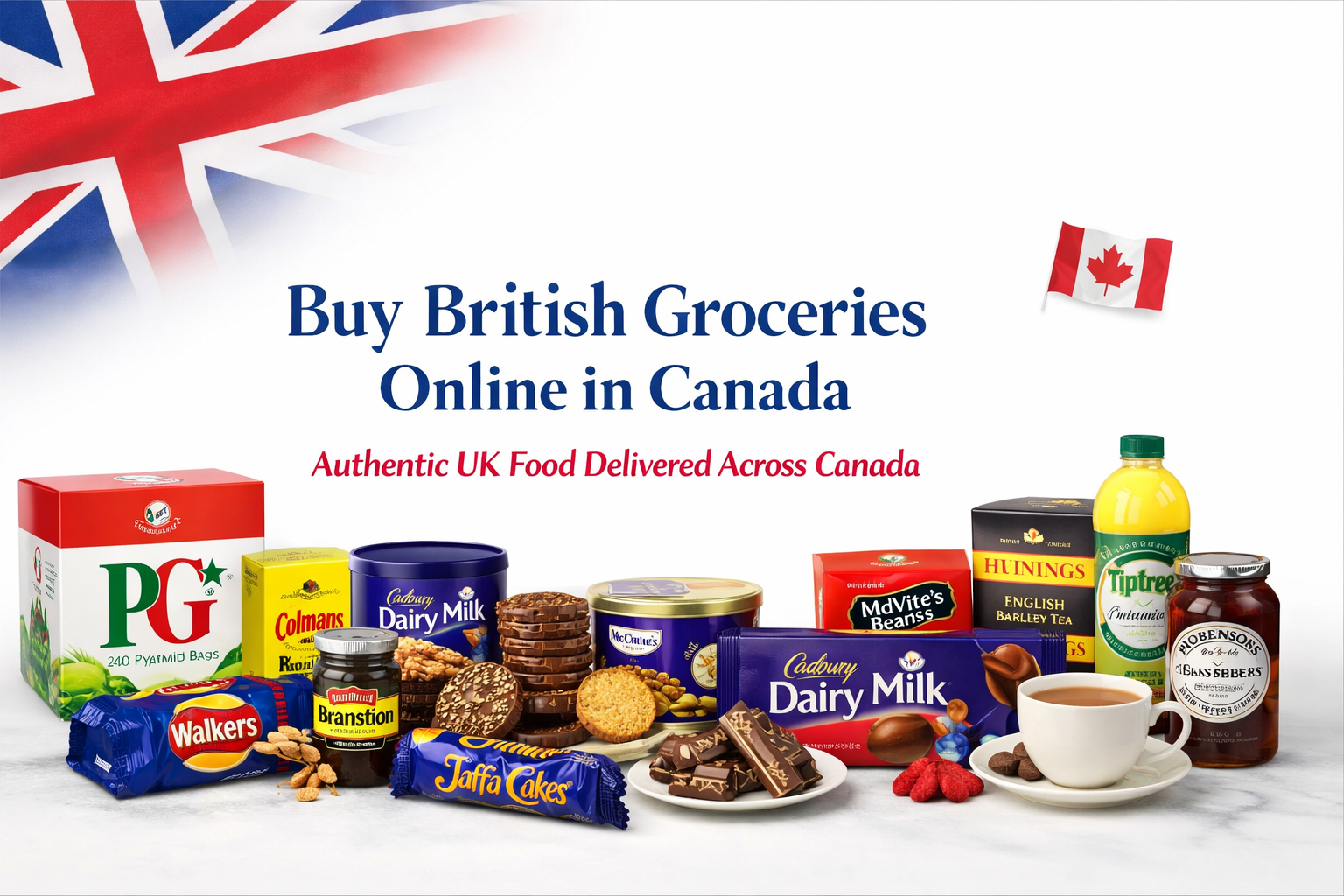 Buy British groceries online in Canada banner with UK food including tea, biscuits, and chocolate