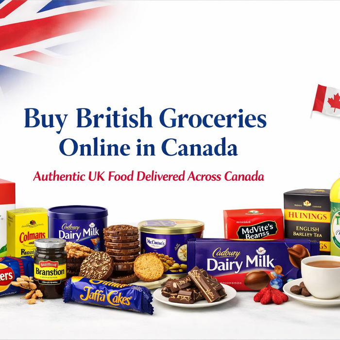 Buy British groceries online in Canada banner with UK food including tea, biscuits, and chocolate