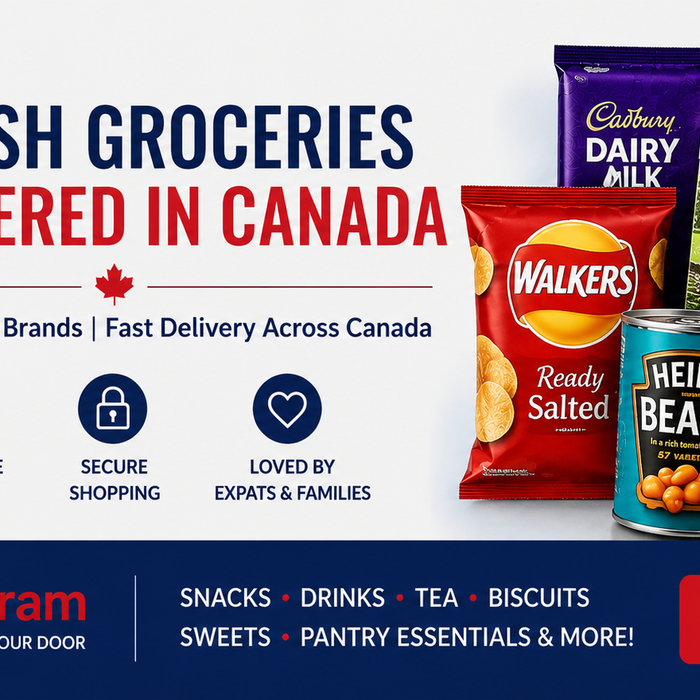Buy British groceries online in Canada banner featuring authentic UK snacks, tea, biscuits, drinks, and pantry foods delivered across Canada by BritishGram.